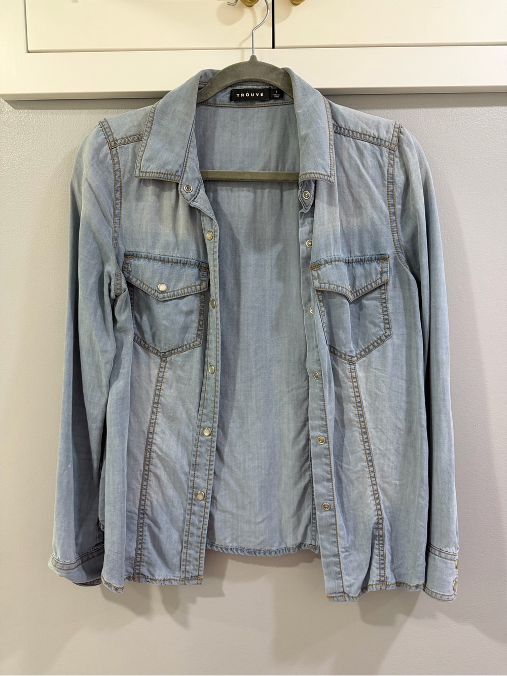Trouve Washed Light Blue Chambray Snap-Front Shirt